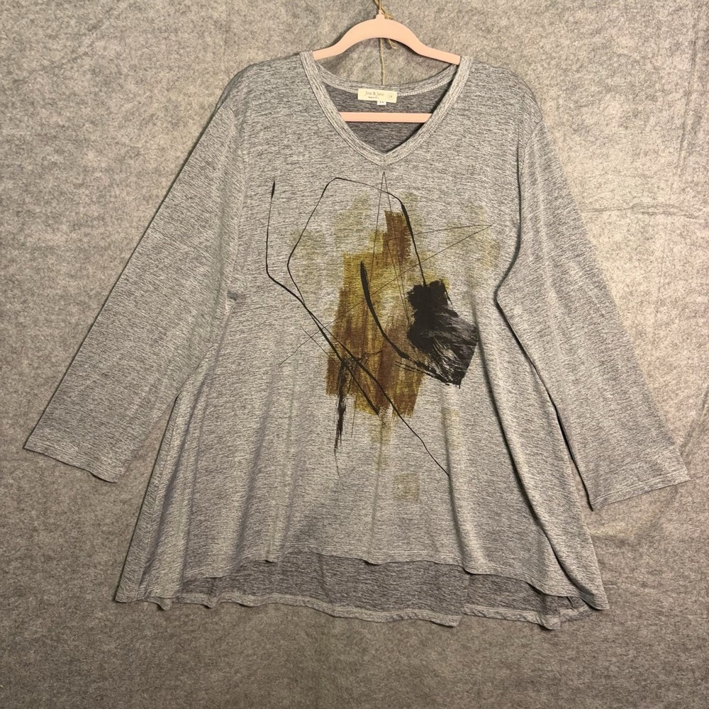 Jess & Jane Shirt Womens 1X Gray Abstract Swing Top Artsy Lagenlook USA